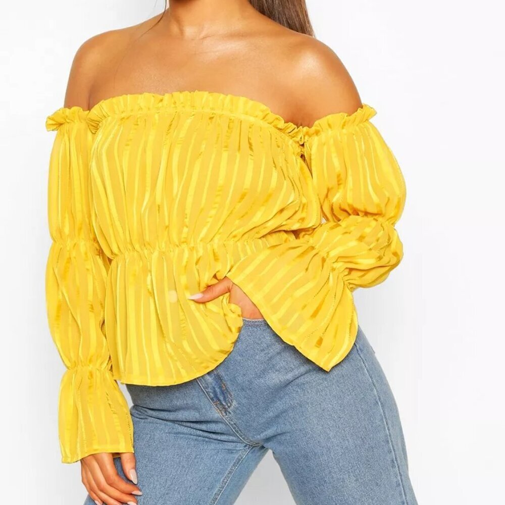 NWT Boohoo Mustard Off-Shoulder Satin Stripe Volume Sleeve Bardot Top size 6
